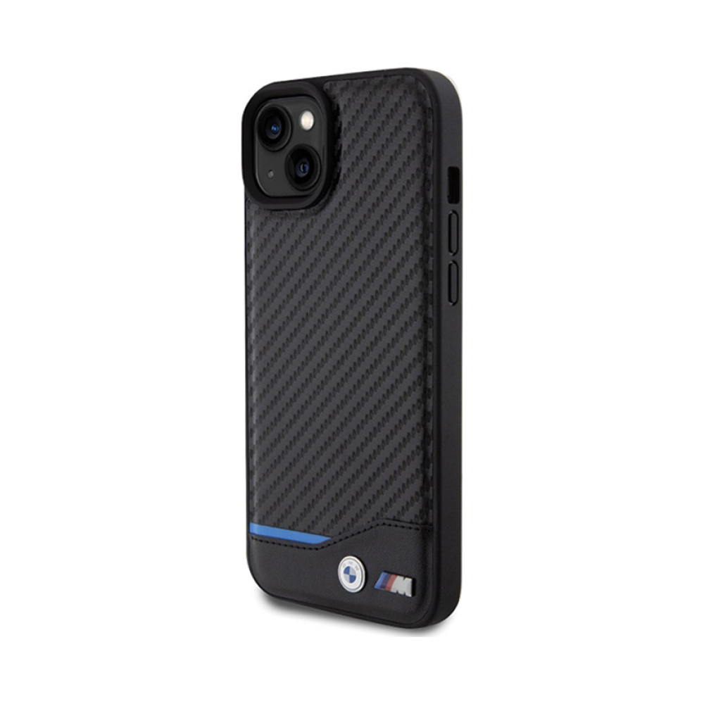 Coque iPhone 15 Plus BMW Leather Carbon Blue Line noire — visuel 2