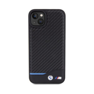 Coque iPhone 15 Plus BMW Leather Carbon Blue Line noire — visuel 3