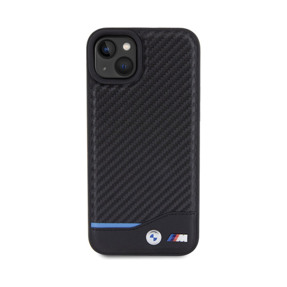 Coque iPhone 15 Plus BMW Leather Carbon Blue Line noire — visuel 3