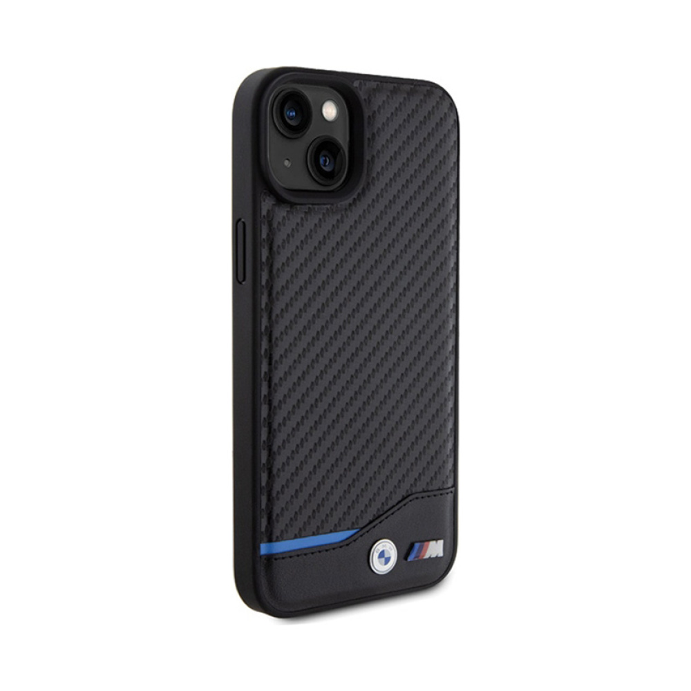 Coque iPhone 15 Plus BMW Leather Carbon Blue Line noire — visuel 4