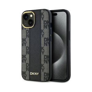 Coque iPhone 15 Plus DKNY Leather Checkered Mono Pattern MagSafe noire