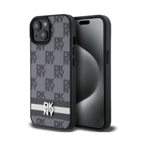 Coque iPhone 15 Plus DKNY Leather Checkered Mono Pattern & Printed Stripes noire