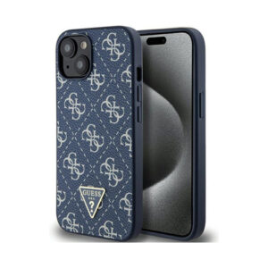 Coque iPhone 15 Plus Guess 4G Triangle Metal Logo bleue