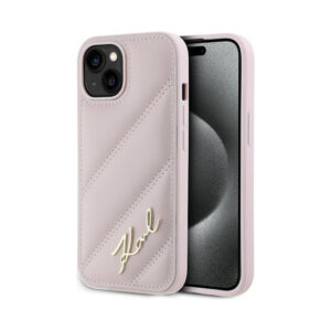 Coque iPhone 15 Plus Karl Lagerfeld Diagonal Quilted Script rose