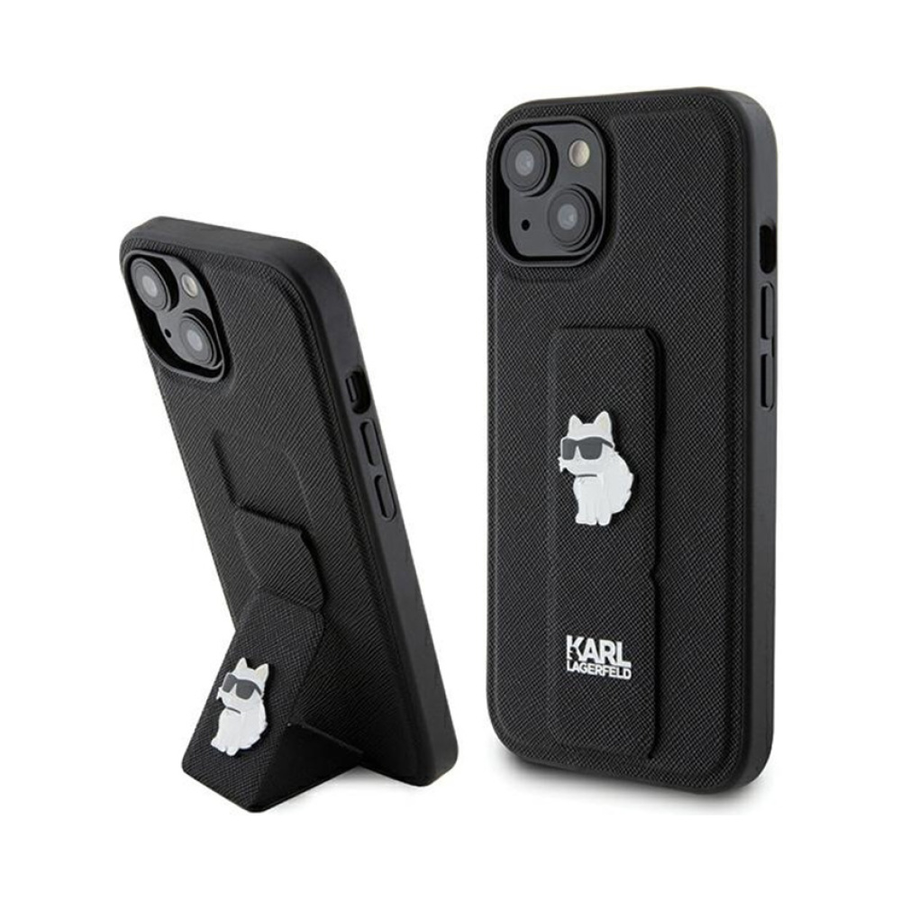 Coque iPhone 15 Plus Karl Lagerfeld Gripstand Saffiano Choupette Pins noire