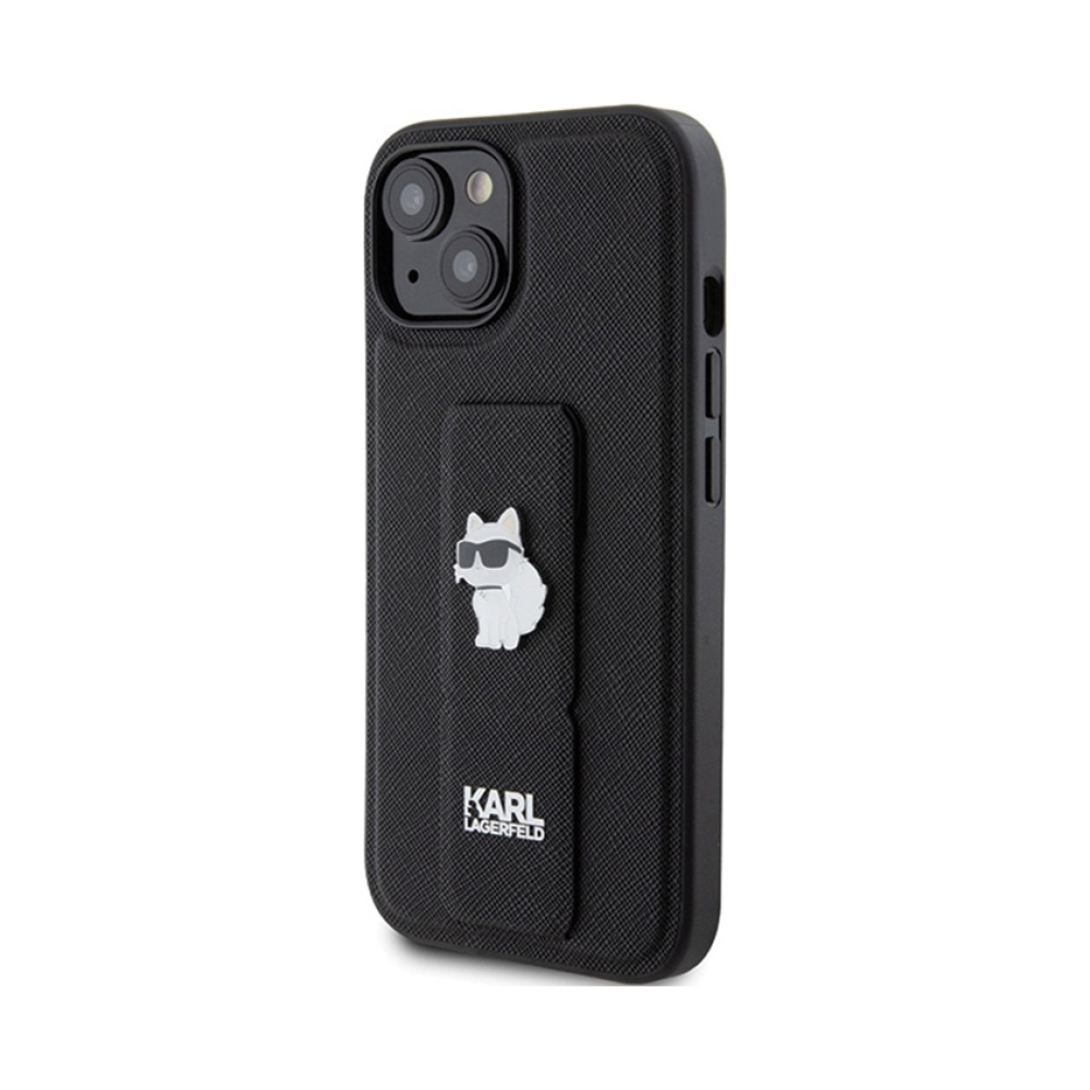 Coque iPhone 15 Plus Karl Lagerfeld Gripstand Saffiano Choupette Pins noire — visuel 2