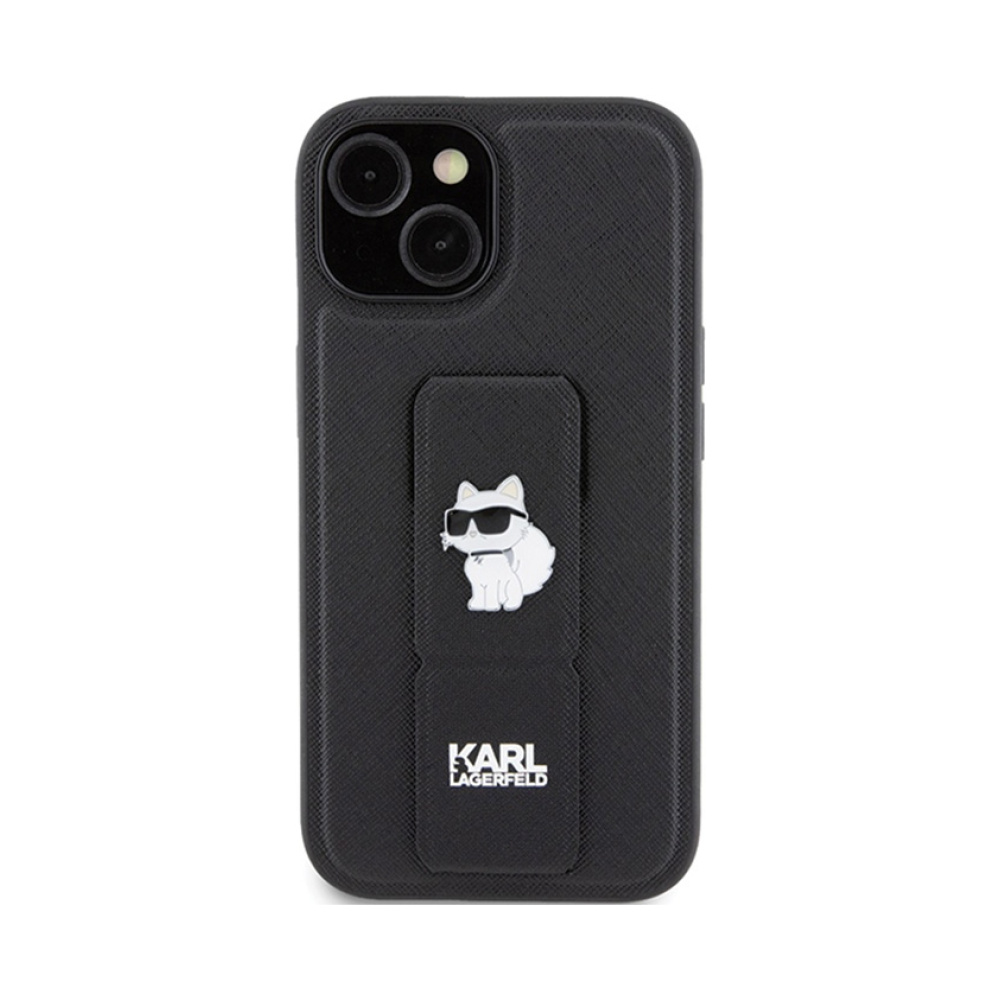 Coque iPhone 15 Plus Karl Lagerfeld Gripstand Saffiano Choupette Pins noire — visuel 3