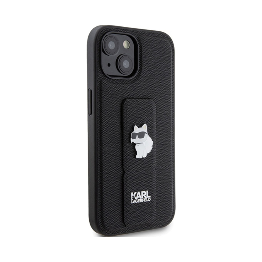 Coque iPhone 15 Plus Karl Lagerfeld Gripstand Saffiano Choupette Pins noire — visuel 4