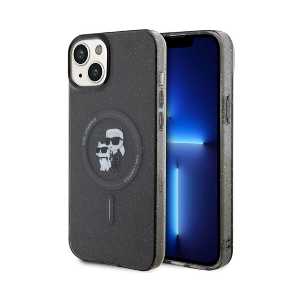 Coque iPhone 15 Plus Karl Lagerfeld Karl & Choupette Glitter Magsafe noire