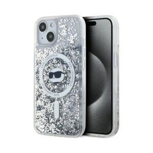 Coque iPhone 15 Plus Karl Lagerfeld Liquid Glitter Choupette Head MagSafe transparente