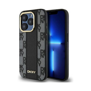Coque iPhone 15 Pro DKNY Leather Checkered Mono Pattern MagSafe noire