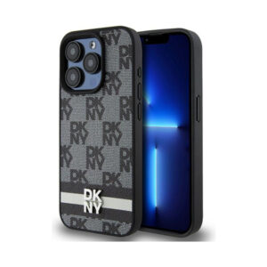 Coque iPhone 15 Pro DKNY Leather Checkered Mono Pattern & Printed Stripes noire