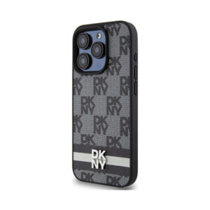 Coque iPhone 15 Pro DKNY Leather Checkered Mono Pattern & Printed Stripes noire — visuel 2