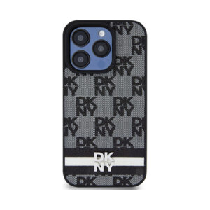 Coque iPhone 15 Pro DKNY Leather Checkered Mono Pattern & Printed Stripes noire — visuel 3