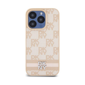 Coque iPhone 15 Pro DKNY Leather Checkered Mono Pattern & Printed Stripes rose — visuel 3