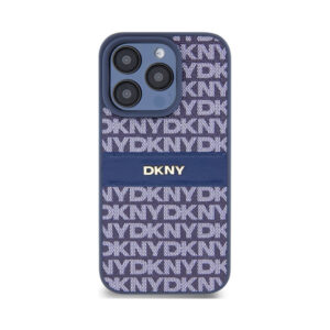 Coque iPhone 15 Pro DKNY Leather Mono Stripe & Metal Logo bleue — visuel 3