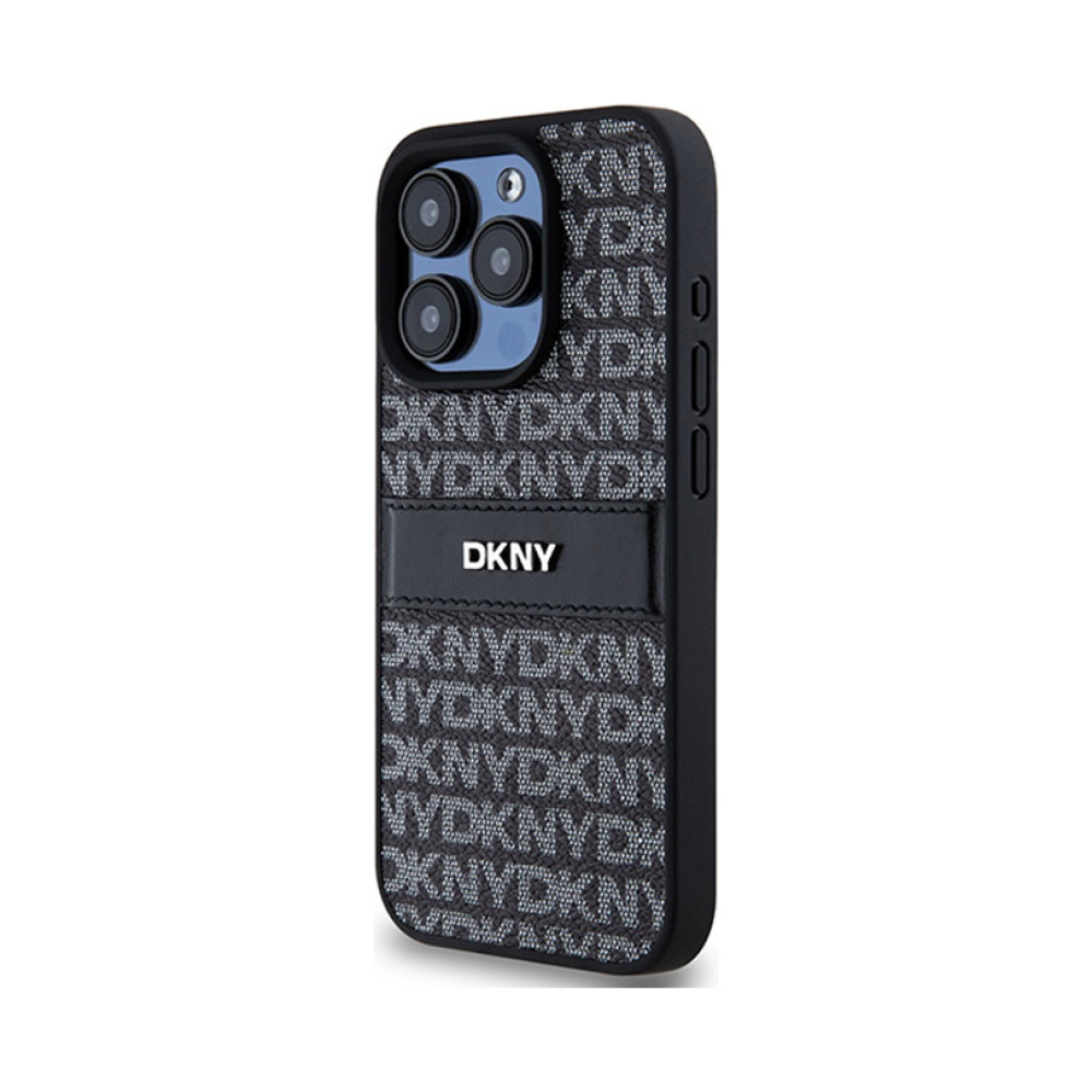 Coque iPhone 15 Pro DKNY Leather Mono Stripe & Metal Logo noire — visuel 2