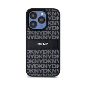 Coque iPhone 15 Pro DKNY Leather Mono Stripe & Metal Logo noire — visuel 3
