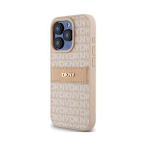 Coque iPhone 15 Pro DKNY Leather Mono Stripe & Metal Logo rose — visuel 2