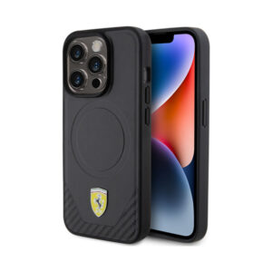 Coque iPhone 15 Pro Ferrari Carbon Metal Logo MagSafe noire