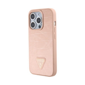 Coque iPhone 15 Pro Guess Croco Triangle Metal Logo rose — visuel 2