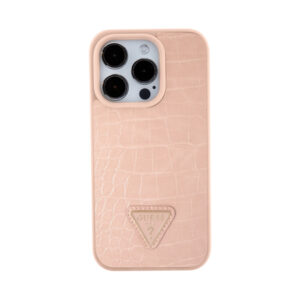 Coque iPhone 15 Pro Guess Croco Triangle Metal Logo rose — visuel 3