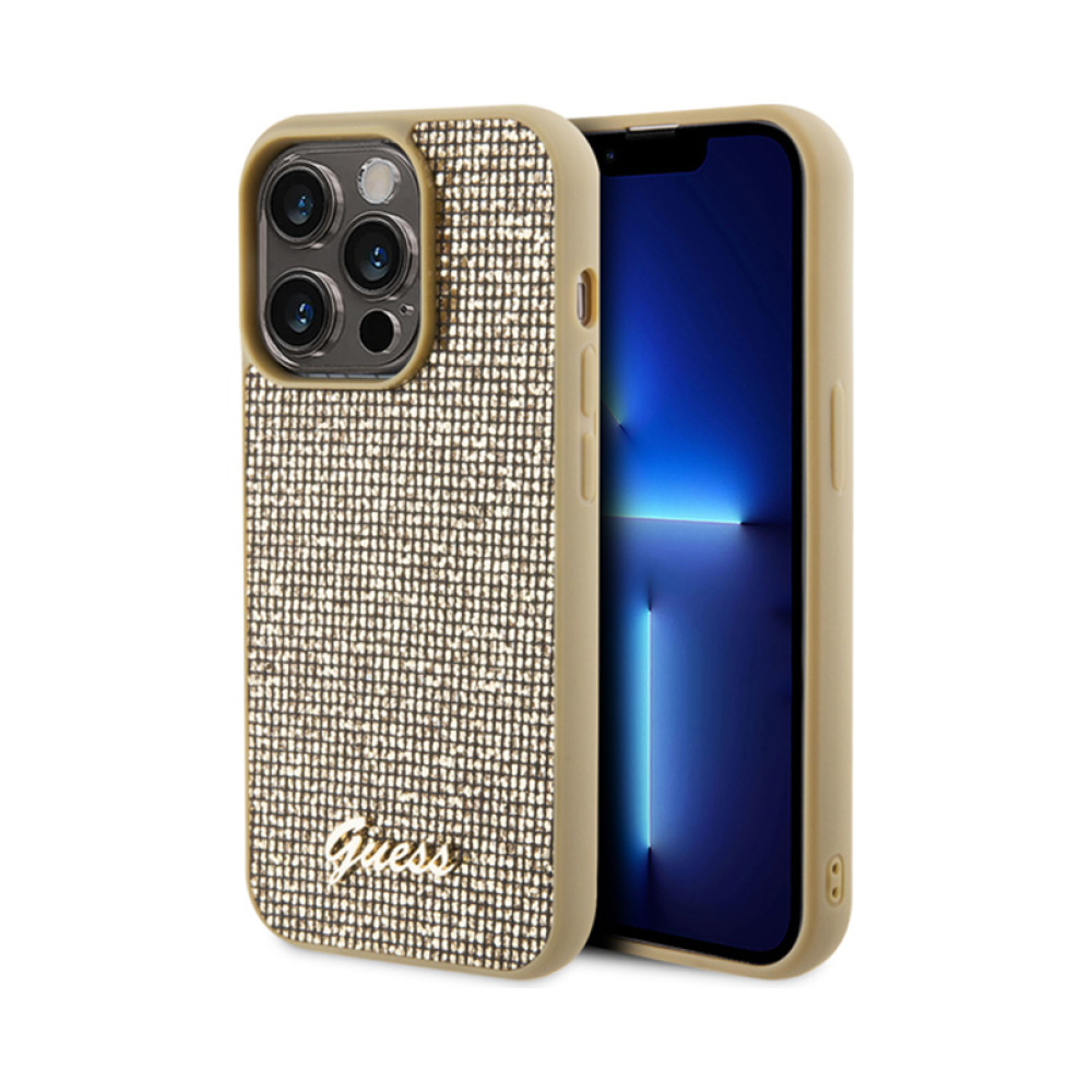 Coque iPhone 15 Pro Guess Disco Metal Script dorée