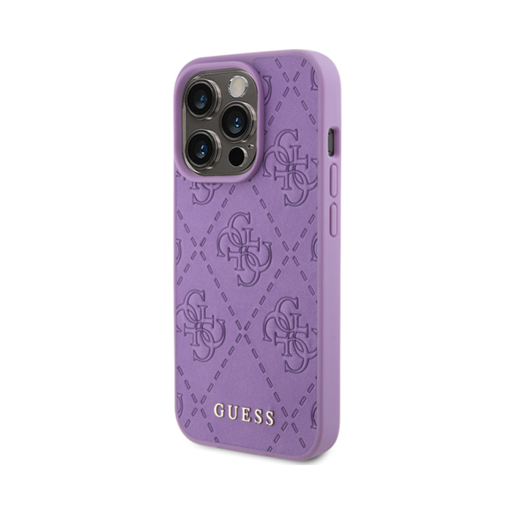 Coque iPhone 15 Pro Guess Leather 4G Stamped violette — visuel 2