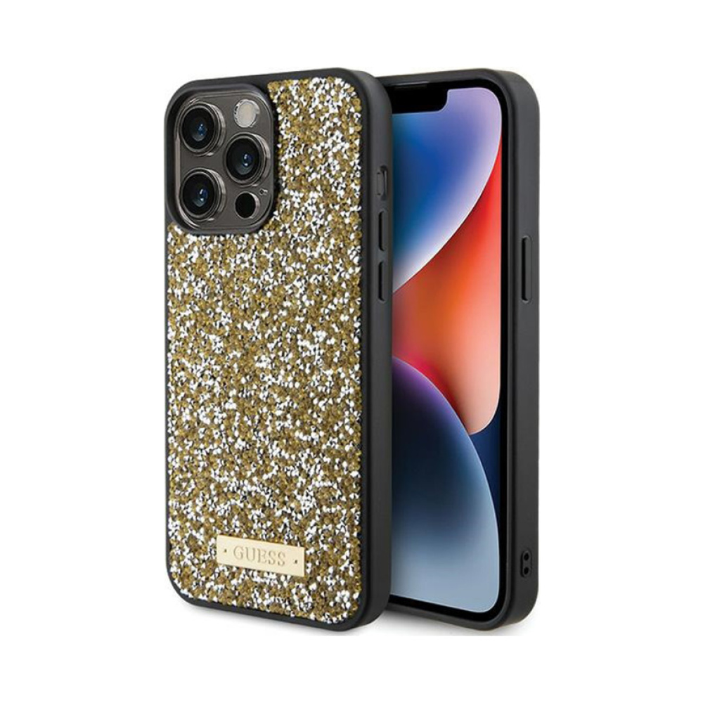 Coque iPhone 15 Pro Guess Rhinestone Metal Logo jaune