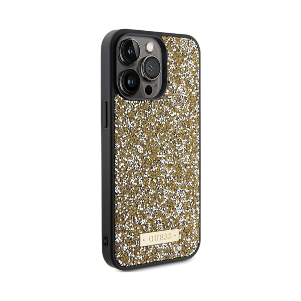 Coque iPhone 15 Pro Guess Rhinestone Metal Logo jaune — visuel 4