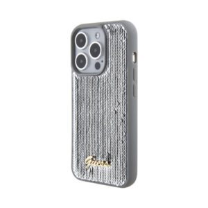 Coque iPhone 15 Pro Guess Sequin Script Metal argentée — visuel 2