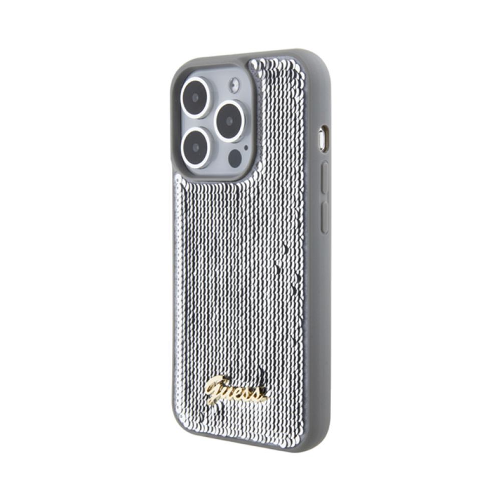 Coque iPhone 15 Pro Guess Sequin Script Metal argentée — visuel 2