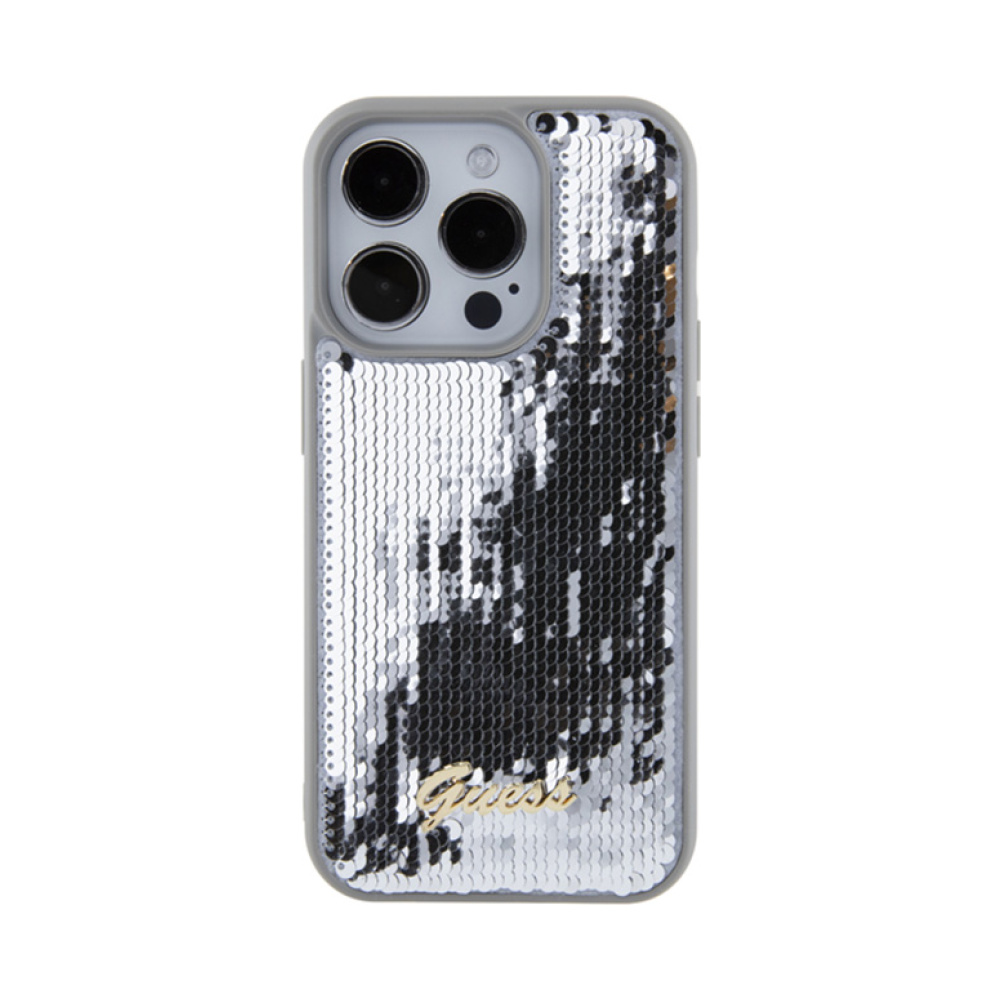 Coque iPhone 15 Pro Guess Sequin Script Metal argentée — visuel 3