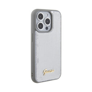 Coque iPhone 15 Pro Guess Sequin Script Metal argentée — visuel 4