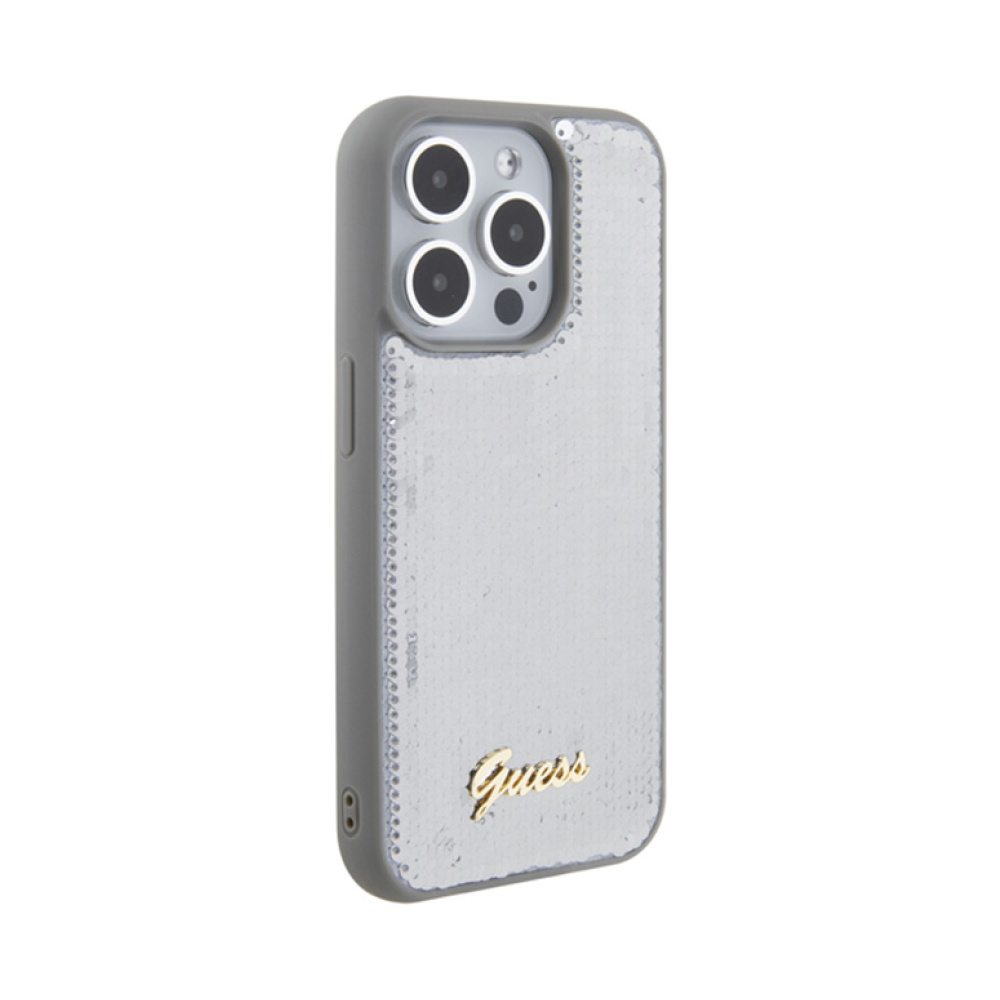 Coque iPhone 15 Pro Guess Sequin Script Metal argentée — visuel 4