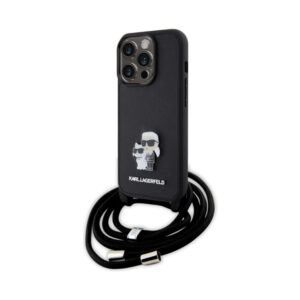 Coque iPhone 15 Pro Karl Lagerfeld Crossbody Saffiano Metal Pin Karl & Choupette noire