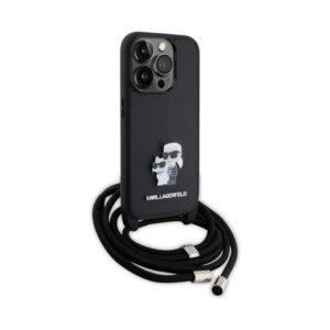 Coque iPhone 15 Pro Karl Lagerfeld Crossbody Saffiano Metal Pin Karl & Choupette noire — visuel 3