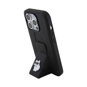 Coque iPhone 15 Pro Karl Lagerfeld Gripstand Saffiano Choupette Pins noire — visuel 2