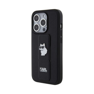 Coque iPhone 15 Pro Karl Lagerfeld Gripstand Saffiano Choupette Pins noire — visuel 3