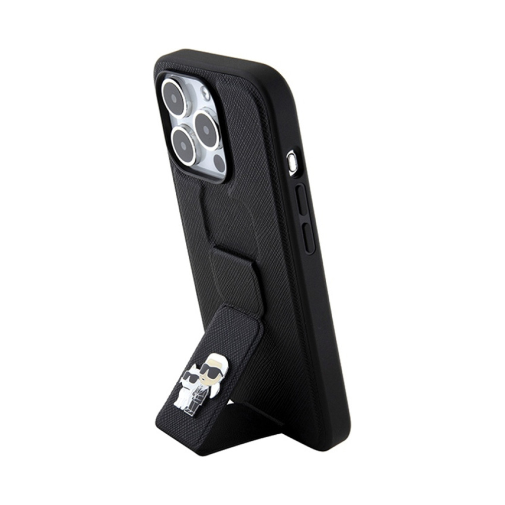 Coque iPhone 15 Pro Karl Lagerfeld Gripstand Saffiano Karl & Choupette Pins noire — visuel 2