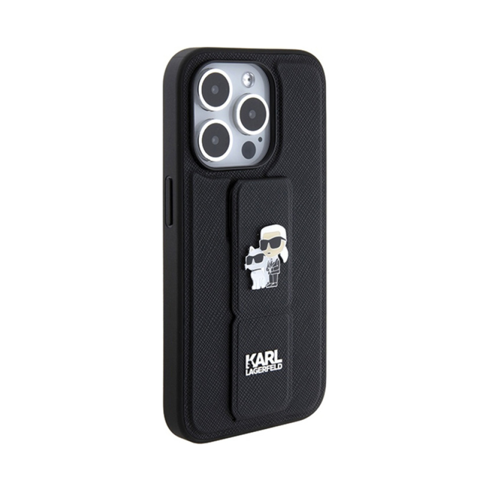 Coque iPhone 15 Pro Karl Lagerfeld Gripstand Saffiano Karl & Choupette Pins noire — visuel 5