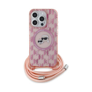 Coque iPhone 15 Pro Karl Lagerfeld IML Crossbody Monogram Karl & Choupette Head MagSafe rose — visuel 2