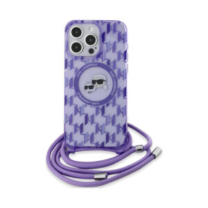 Coque iPhone 15 Pro Karl Lagerfeld IML Crossbody Monogram Karl & Choupette Head MagSafe violette — visuel 2