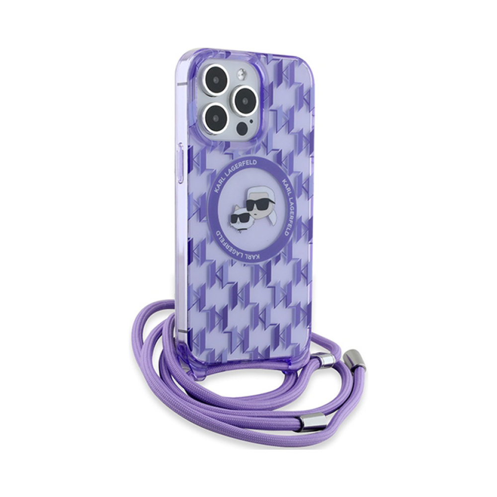 Coque iPhone 15 Pro Karl Lagerfeld IML Crossbody Monogram Karl & Choupette Head MagSafe violette — visuel 3