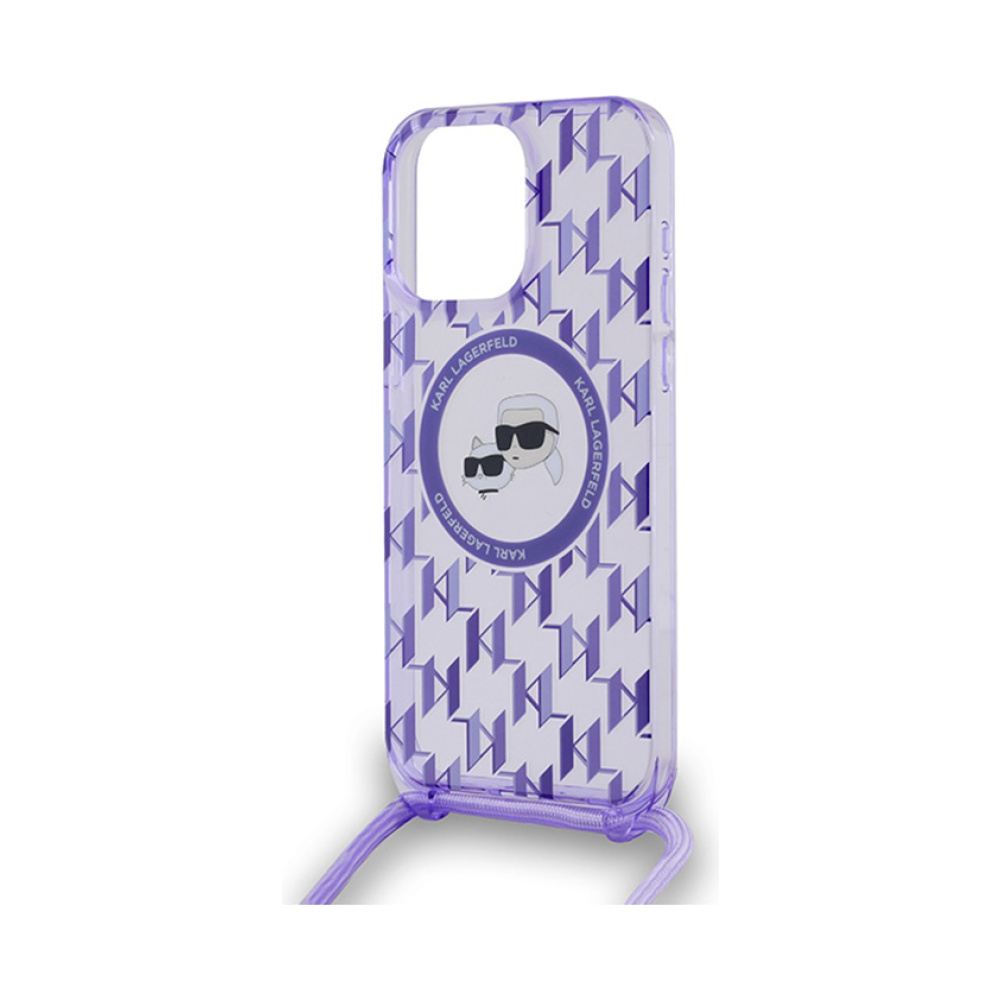 Coque iPhone 15 Pro Karl Lagerfeld IML Crossbody Monogram Karl & Choupette Head MagSafe violette — visuel 5
