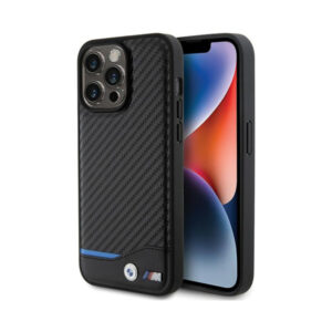 Coque iPhone 15 Pro Max BMW Leather Carbon Blue Line noire