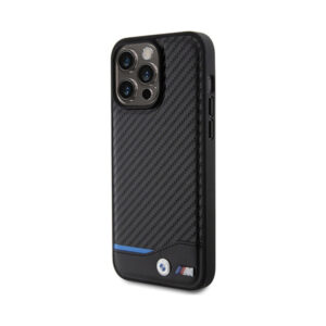 Coque iPhone 15 Pro Max BMW Leather Carbon Blue Line noire — visuel 2