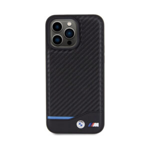 Coque iPhone 15 Pro Max BMW Leather Carbon Blue Line noire — visuel 3