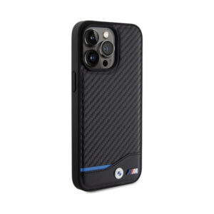 Coque iPhone 15 Pro Max BMW Leather Carbon Blue Line noire — visuel 4