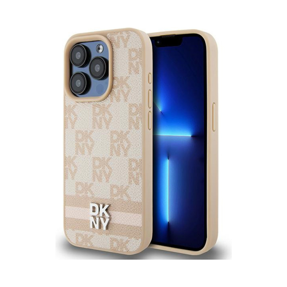 Coque iPhone 15 Pro Max DKNY Leather Checkered Mono Pattern & Printed Stripes rose